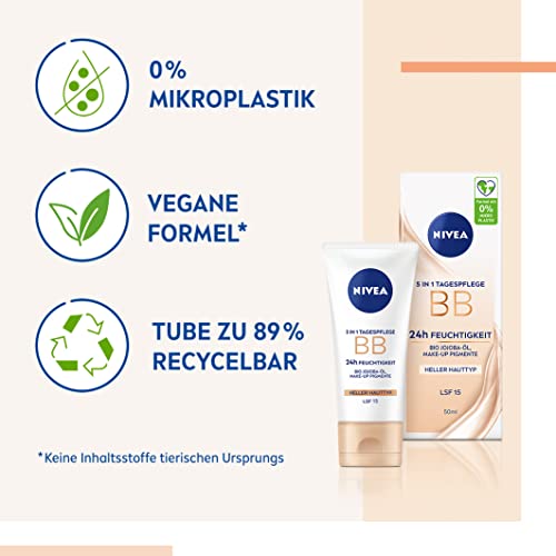 NIVEA 5 IN 1 Tagespflege BB 24h Feuchtigkeit LSF 15, getönte Tagescreme für helle Hauttypen, Gesichtscreme mit Bio Jojoba-Öl und Make-Up Pigmenten