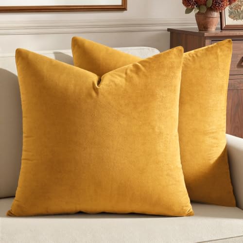 Image of MIULEE Pack of 2 Velvet Pillow Covers Decorative Square Pillowcase Soft Solid Cushion Case for Sofa Bedroom Car 24 x 24 Inch 60 x 60 cm Gold