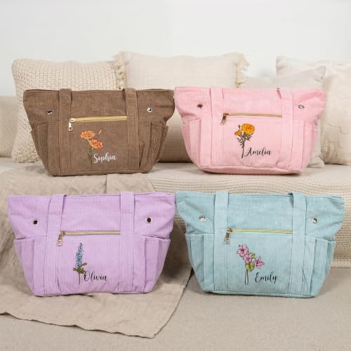 BYFDIY Personalized Birth Flower Yarn Bag Corduroy Knitting Project Bag with Name Multiple Pockets and Yarn Holes Crochet Tote Bag Birthday Mother's Day Gift for Mom Grandma Crocheters — view 4