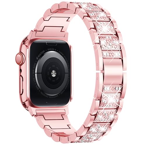 Image of SUPOIX for Apple Watch Band 46mm + Case, Bling Bands for Women (Rose Pink) | Shiny Metal Bands & 2 Pack Protective Cover Cases for iWatch Series 11 /10 46mm