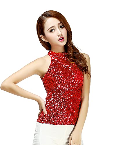 Women sparkly sequin high halter neck sleeve vest top girls latin dance party size clothing (UK Women 4/6/8/10) (Red)