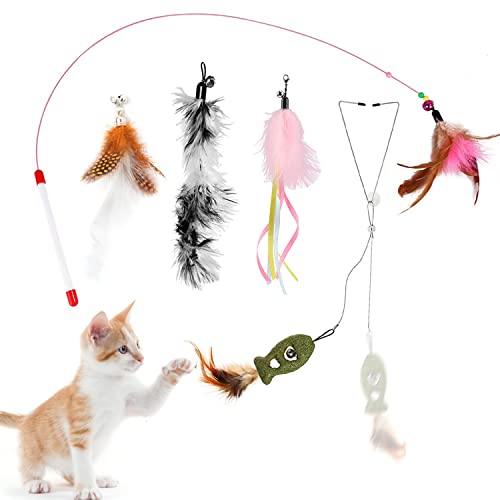 AUPOWER Juguetes para Gatos, 6PCS Juguete Pluma de Gato Interactivo, Juguetes con Plumas para Gatos con Campana, Juguete de Gato Interactivo Instalar en la Puerta, Juguetes para Interiores y Gatos Cover