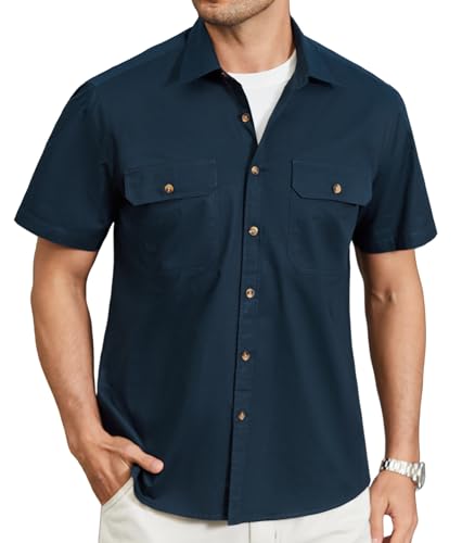 HISDERN Mens Short Sleeve Button Down Shirts Work Casual Button Up Relaxed Fit Summer Shirt with Two Pockets
