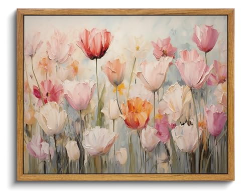 Image of KISSFOX Framed Wall Art Vintage Wall Decor Tulips Canvas Art Floral Pictures Colorful Paintings Flower Artwork Aesthetic Prints For Bedroom Kitchen