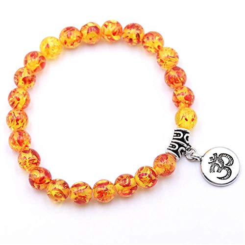 ADGJL Pulsera Chakras Piedras Naturales, 7 Chakra Cuentas De Piedra Natural Brazalete Amarillo Ámbar Pulsera Elástica Yoga Plata Om Colgante De Joyería para Damas