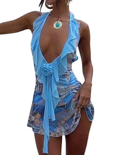 MakeMeChic Women's Halter Dresses Ruffle Deep V Neck Backless Bodycon Sexy Mini Dress Blue Medium