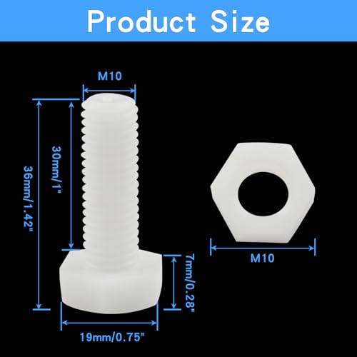 Biaungdo QY20230927-01003 20 Pair M10 X 30Mm Nylon Hex Bolts, White Plastic Hex Bolts Full Thread Hex Head Screws And Nuts Set thumb #1
