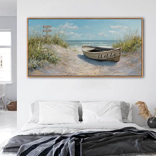Image of AJAZIKO Coastal Canvas Wall Art Paintings - Beach Wall Pictures for Living Room with and Ocean Themes - Boat Wall Decor and Ocean Wall Art for Home Artwork for Walls 24x48IN
