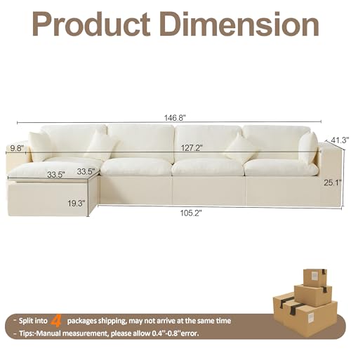 Image of 146''Cloud Boneless Sectional Couch, Modular Sectional Sofa Deep Seat with Ottoman, Oversized Upholstered Convertible Comfy 5 Seater Chenille Sofa L Shape Couches for Living Room, Beige