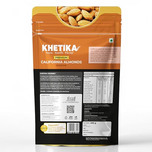 Image of Khetika Premium California Almonds | 200g | Dry Fruits, Almond, Badam, Badam Giri, Rich in Fiber, Boost Immunity, Healthy Nutritious Snacks, Whole Crunchy Almonds