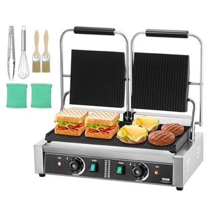 VEVOR Kommerzieller Piadine-Sandwichgrill, 3600 W, elektrische Doppel-Sandwichpresse für Panini aus Edelstahl, temperaturgesteuerte emaillierte Schlitzplatte, ca. 50 °C bis 300 °C Doppelgrill