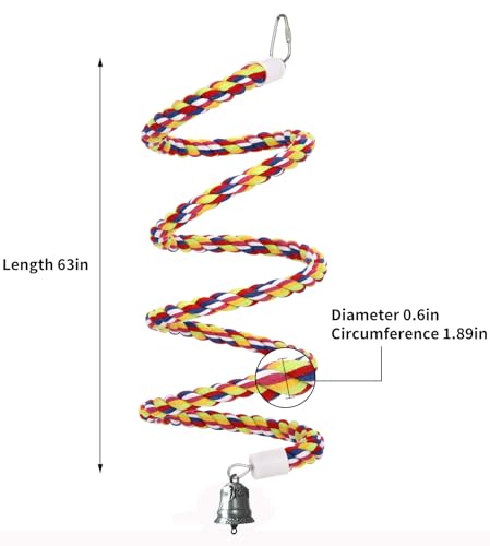 Image of 63'' Bird Rope Perches Birdcage Swing Toys 100% Cotton Natural Bird Perch Peck /Chewing with Vintage Bell Climbing Standing Bungee Parrot Toys for Small to Regular Size Parrot Cockatiel Birds