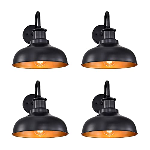 Image of Outdoor Barn Lights, Farmhouse Outdoor Wall Sconces, Rustic Exterior Wall Mount Lights, Vintage Outside Lighting Fixtures, Industrial Black Gold Lanterns for Porch Garage Patio, 4 Pack