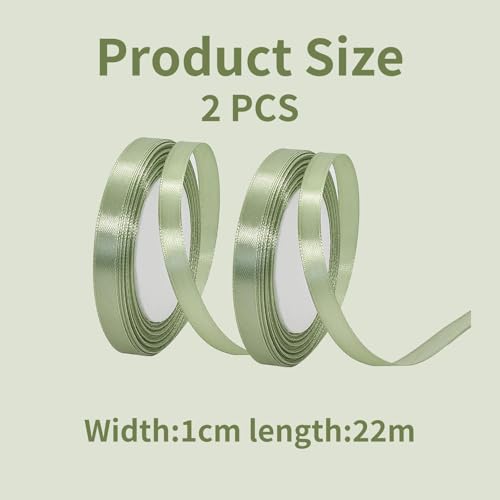 2pieces 22m Green Ribbon,Sage Green Ribbon,10mm Sage Ribbons,Solid Color Gift Wrapping Ribbons,greens Satin Velvet ribbons,for Gift Wrapping,Crafting,Wedding,Hair Bows,Bouquets,Party,Cake Decorations.
