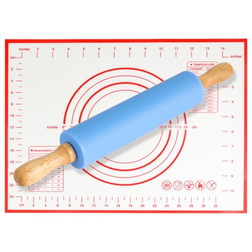 Trukafie Rodillo de silicona,Rodillo Amasar Cocina con Mango de Madera, Antiadherente Rodillo Masa con Almohadillas Silicona con Marcas de Medición para Fondant, Pastelería, Pizza, Pastas (Azul)