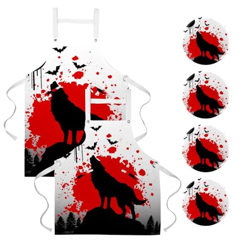Lot de 2 tabliers loup hurlant avec poches pour cuisine et bar