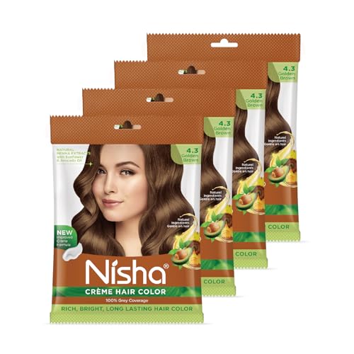 Image of Nisha Cream Hair Colour Golden Brown 40g (Pack of 4) | Full Grey Coverage | Long-Lasting Hair Color Cream | Smooth & Even Application