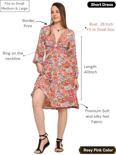 KE KANHA EXPORTS Dress for Woman|Boho Dresses for Women|Beach Wear|Border Print|Adjustable Tassel at Waist|Vacation Boho Casual|Multicolor|Easily fits S-M-L|Bust 32-38 in|Length 40 in