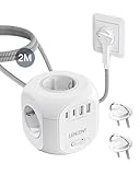 LENCENT 4 Fach Steckdosenleiste Flachstecker Steckdosenwürfel Mehrfachsteckdose 8 in 1 Cube Steckdose Steckerleiste mit 2 USB&2 Typ-C, Mehrfachstecker mit 2 Meter Geflochtenem Kabel für Wandsteckdose