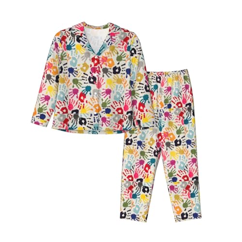 Pyjama à manches longues pour femme imprimé à la main avec pantalon à taille élastique confortable