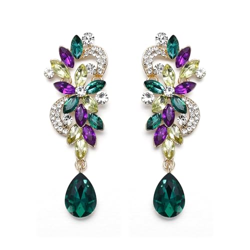BriLove Wedding Bridal Dangle Earrings for Women Bohemian Boho Crystal Flower Chandelier Teardrop Bling Earrings Multicolor Gold-Tone