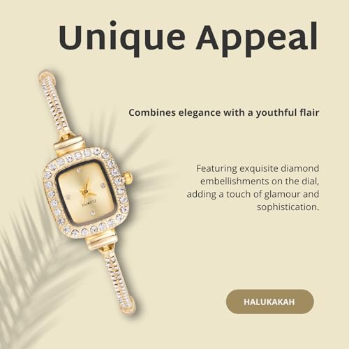 Image of Halukakah Kids' Sparkling Diamond Watch - 18k Real Gold /Rose Gold /Platinum Plated - Multiple Colors Rectangle Dial - Quartz Adjustable Stainless Steel Wristwatch - Suitable for Boys and Girls