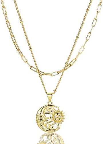 BERMRO 18k Evil eye Necklace Ojo Turco Pendant Necklace Gold Plated Sun Moon Star Necklace for Mother （23-2D