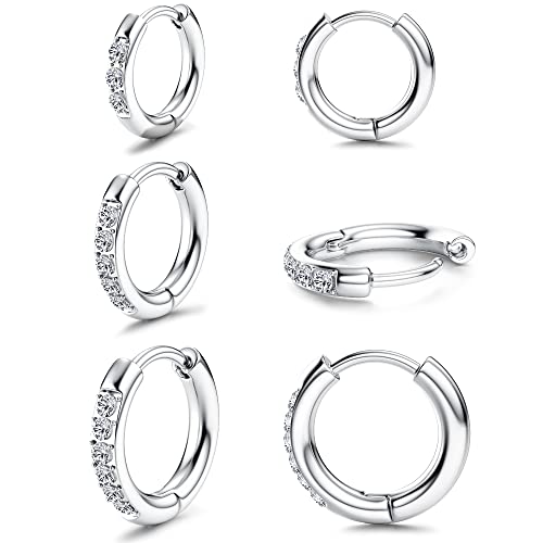 HAIAISO 3 Pairs Huggie Hoop Earrings Cubic Zirconia Cartilage Lobe Earrings 316L Surgical Stainless Steel Small Huggie Hoop Ear Piercing Earrings for Women Men 8mm 10mm 12mm(Silver)
