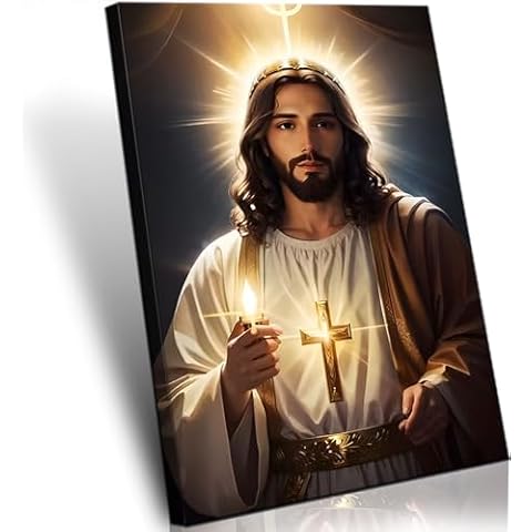 Framed Catholic Jesus Lights Candles Wall Art God Print on Canvas Jesus Painting Christian Wall Decor Jesue Pictures for Wall Ready to Hang24x36inches Cover