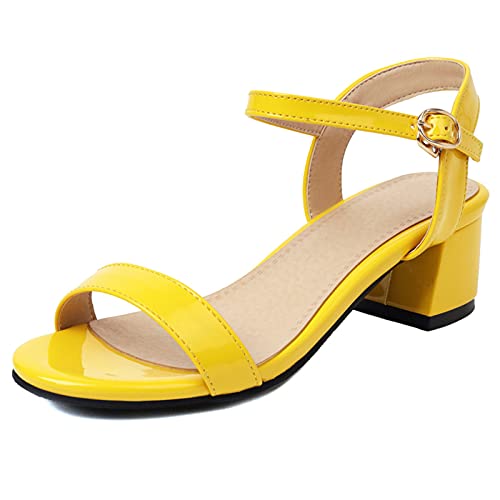 MJIASIAWA Femmes Talons Moyen Mode Bout Ouvert Bride Cheville Sandales Eté Fête Mariage Confort Bloc Chaussures Jaune Taille 34 EU Cover