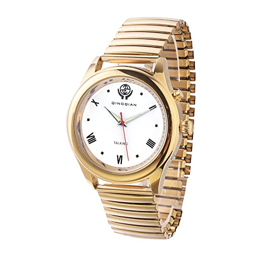 QINGQIAN Sprechende Armbanduhr, geeignet für ältere Menschen und Menschen mit Sehbehinderung, goldener Stil (männlich) Cover