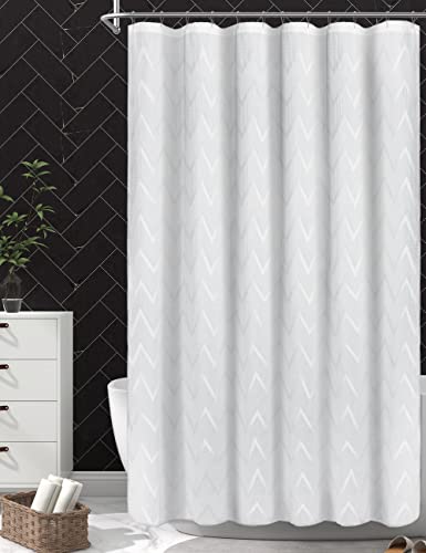 Sumgar White Shower Curtain Waffle Weave Textured Soft Fabric Shower Curtains For Bathroom,Herringbone Jacquard Chevron Zig Zag Modern Boho Waterproof Shower Curtain Set With Hooks, 72" X 72" #TOP17