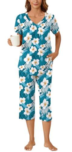 Image of Bestbee Women's Pajama Sets 2 Piece Lounge Outfits Summer Sleepwear V Neck Short Sleeve Capri Pant With Pockets Ladies Pjs