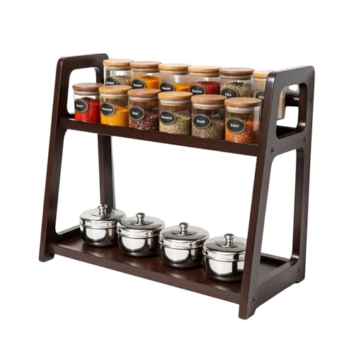 Image of 2 Tier Wooden Kitchen Organizer Rack for Countertop | Spice Jar Storage Shelf | Countertop Kitchen Rack 45x20x40 cm Brown | Wooden Storage Stand for Home and Kitchen