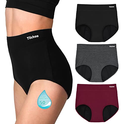 Tiichoo Period Underwear For Women Heavy Flow Soft Bamboo High Waisted Period Panties Briefs Womens Leakproof Underwear 3 Pack (Medium, Black/Dark Red/Dark Gray) #TOP24
