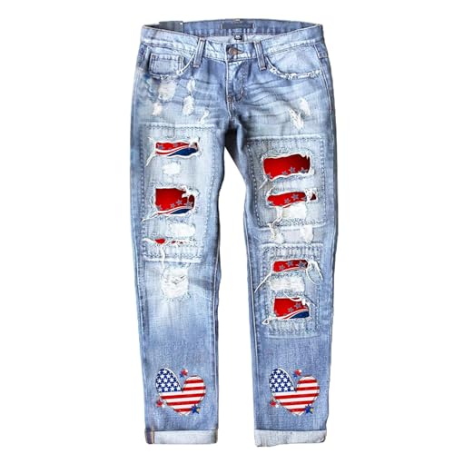 Women's Independence Day Print Jeans Plaid Patch Boyfriend Ripped Jean Heart American Flag Denim Pants for Women4