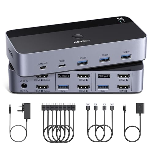 UGREEN HDMI KVM Switch 2 Monitors 2 Computers Support 4K@60Hz, 4 Port USB3.0 KVM Switches for 2 Computers Share Keyboard/Mouse/Hard Drives and 2 Monitor, KVM with 2 USB Cables and 4 HDMI Cab