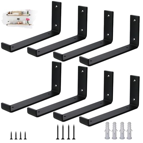VTOPVMAX Scaffold Board Shelf Brackets 8 Pack - 5mm Thick Steel Heavy Duty Shelf Supports with Lips for 10 x 4 Inch (25cm x 10cm)  Industrial Rustic Black Wall Shelf Brackets Kit