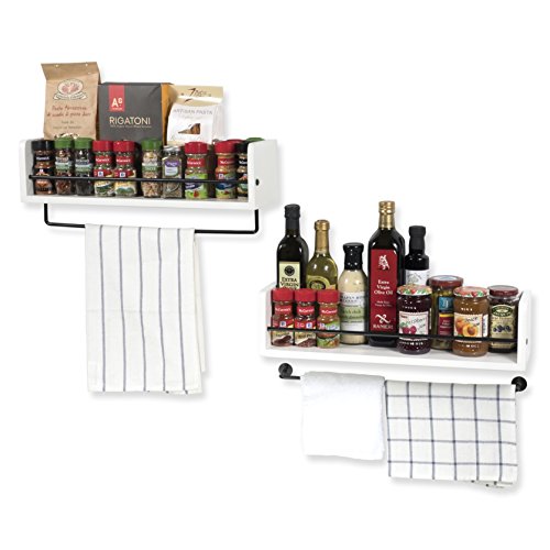 Rustic William Kitchen Shelf Wall Mount Floating Shelves Farmhouse Design Spice Rack with Towel Rail 20 Inch White Set of 2