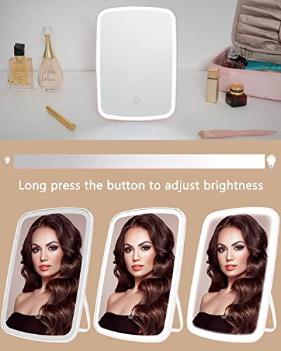 Lighted Makeup Mirror With Lights, Portable Travel Vanity Mirror Rechargeable Makeup Beauty Mirror, 3 Color Lighting, Dimmable Touch Screen, Folding Table Cosmetic Mirror With Stand (White) #TOP3