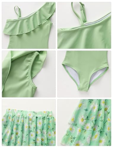 Image of OBEEII Girls One Piece Swimsuits with Skirt Summer One Shoulder Floral Tankini Bathing Suit for Kids UPF 50+ Beach Swimwear