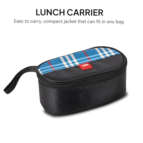 Image of CELLO MF Trent Plus Lunch Box with Bag for Office, Blue | 300ml x 2 Steel Containers, 500ml Oval Plastic Containers, Leak Proof Airtight Snap Lock Lid Tiffin Box Set for School Kids, College & Travel