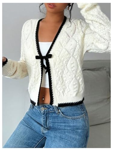 GORGLITTER Women's Tie Front Cropped Cardigan Dressy Fall Sweaters Long Sleeve Knit Crochet Tops4