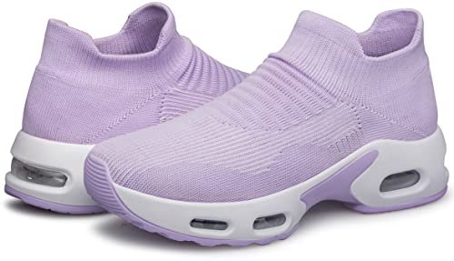 Image of DOUSSPRT Womens Walking Shoes Sock Casual Ladies Fashion Sneakers Comfortable Slip On Air Cushion Platform LightPurpleWhite 8
