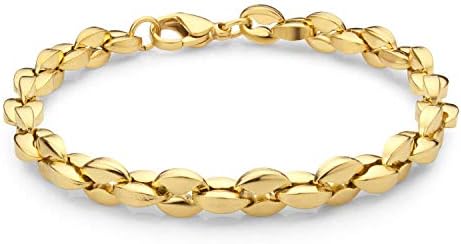 555Jewelry Stainless Steel Solid Unisex Womens Mens Hollow Coffee Bean Link Stylish Solid Lightweight Fashion Jewelry Accessory Chain Bangle Bracelet, Yellow Gold 7.5 Inch
