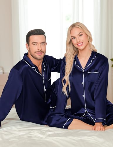 LecGee Couples Matching Pajamas Set Button Down Sleepwear Long Sleeve Loungewear Silky Satin 2 Piece Pjs Men Deep Navy Blue Small4
