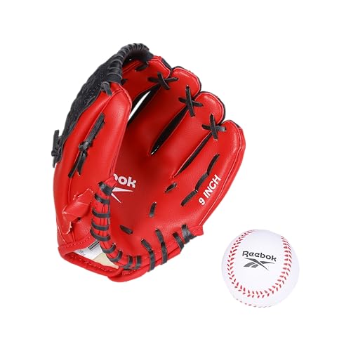 Reebok - Youth Baseball Glove Set, 9-Inch Kids Sports Glove with Foam Ball, Training Mitt for Beginners, Practice & Backyard Play (Red)