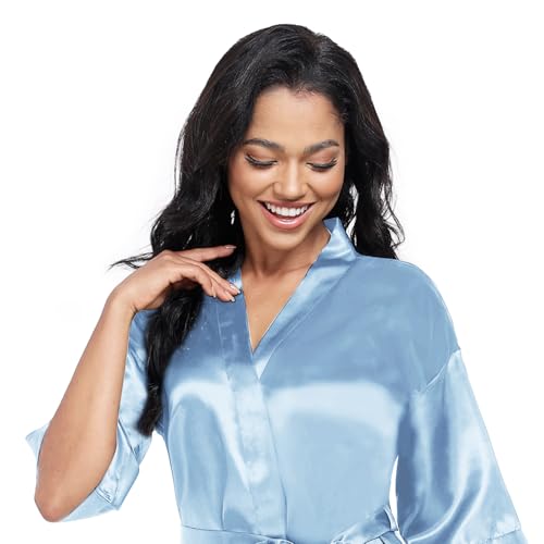 Image of Women's Short Satin Robes Lightweight Silky V-Neck Sleepwear Wedding Bridal Party Bride Bridesmaid Bathrobes