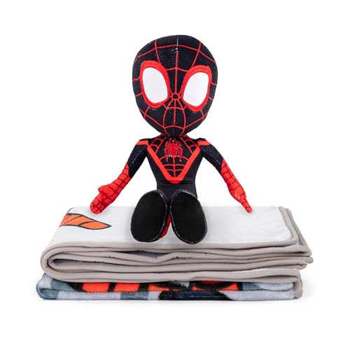 Jay Franco Marvel Spidey und Seine Super-Freunde Miles Morales Plüsch-Minikissen Buddy & Decke 130 x 150 cm – weiche Decke, Set für Kinder, supersoftes Marvel Set 2-teilig