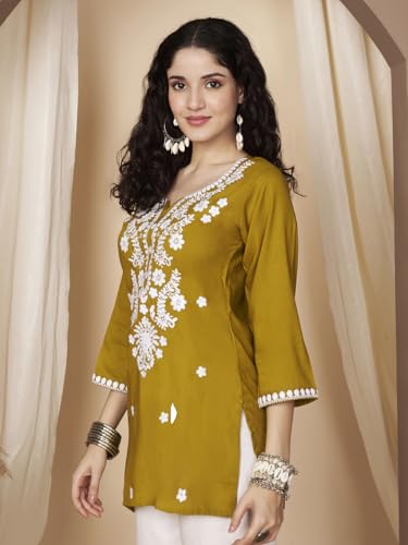 Image of Short Kurti for Women for Jeans, Chikankari Kurtis for Ladies, Lakhnavi V- Neck Women's Tunic Design Kurta, Floral Kurtas & Tunics for Woman